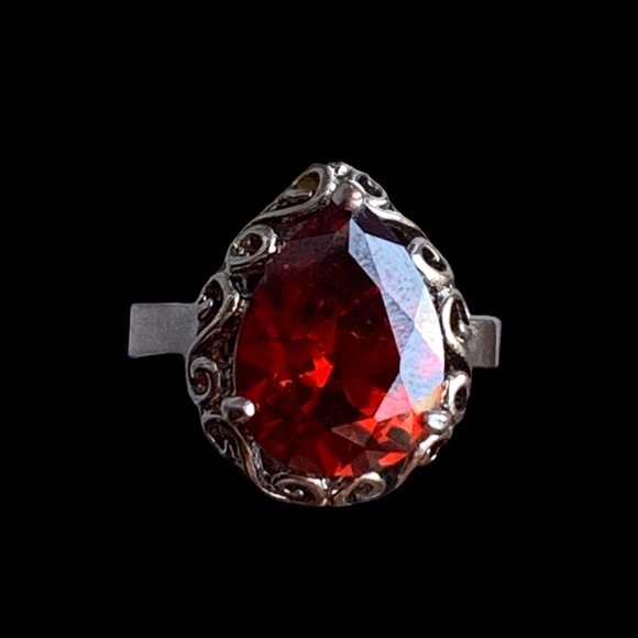 Garnet Amber Red Cz Silver Pear Shape Dinner Cocktail Ring Women’s Jewelry - Picture 6 of 12